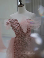 Gorgeous Sheath Off The Shoulder Pink Sequin Long Evening Dresses Formal Prom Dresses Birthday Outfits