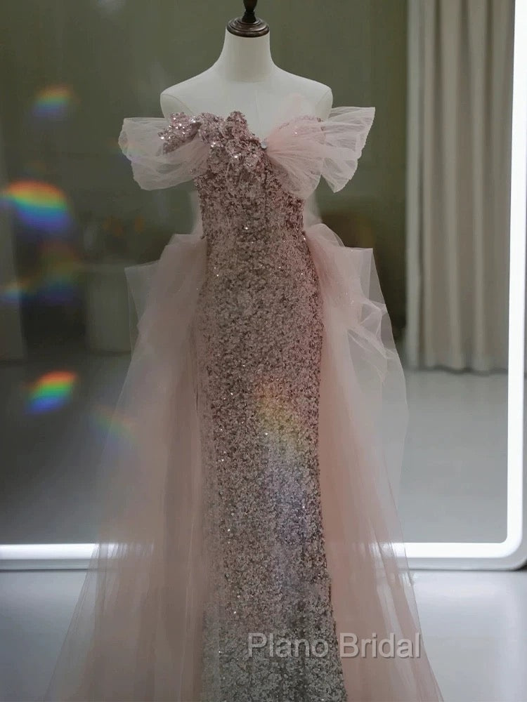 Gorgeous Sheath Off The Shoulder Pink Sequin Long Evening Dresses Formal Prom Dresses Birthday Outfits