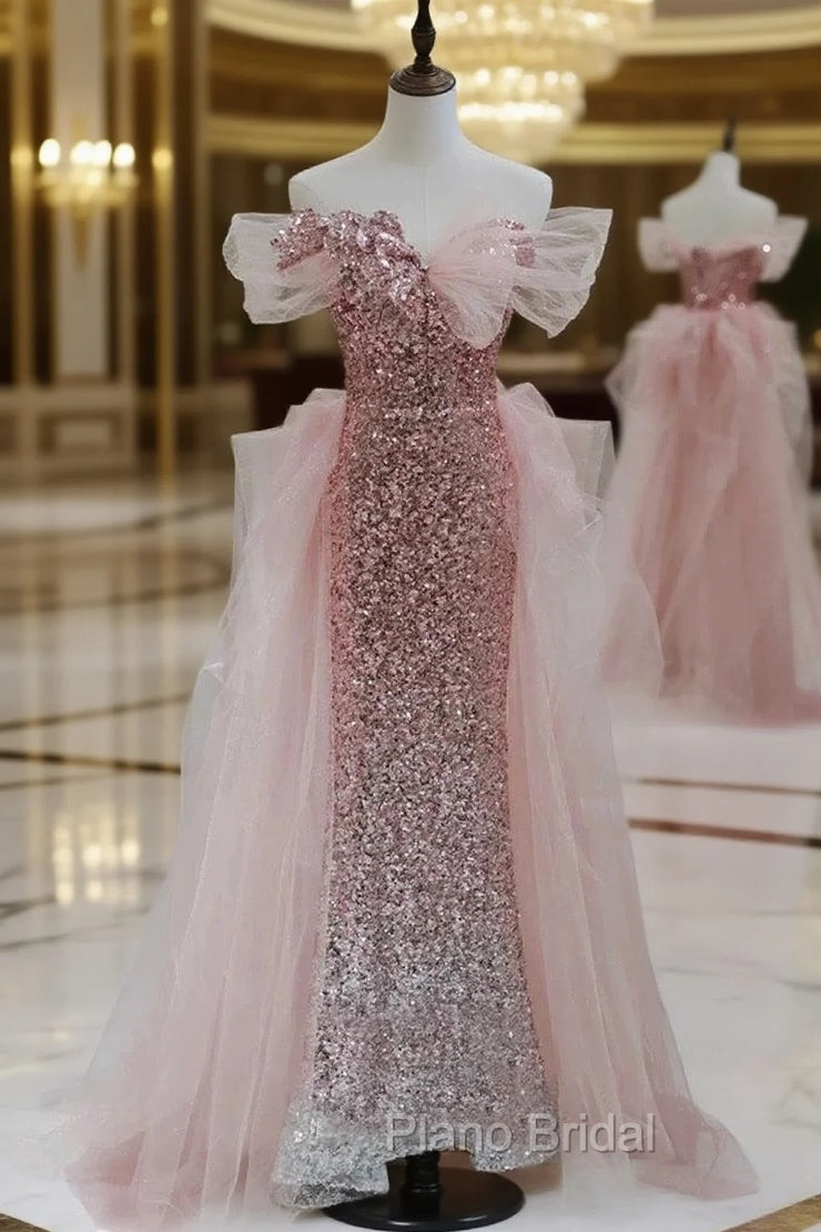 Gorgeous Sheath Off The Shoulder Pink Sequin Long Evening Dresses Formal Prom Dresses Birthday Outfits