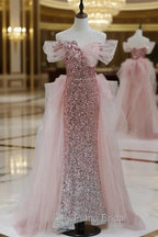 Gorgeous Sheath Off The Shoulder Pink Sequin Long Evening Dresses Formal Prom Dresses Birthday Outfits