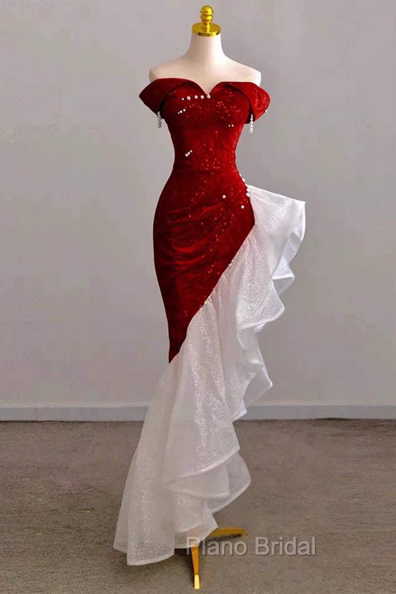 Gorgeous Sheath Off The Shoulder Sequin Red Evening Dresses Formal Prom Dresses Birthday Outfits