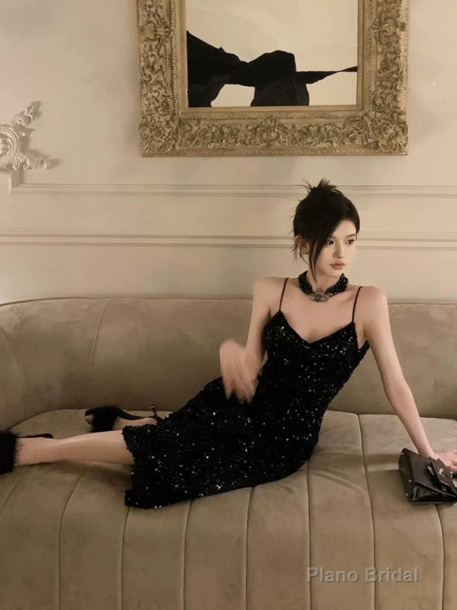 Gorgeous Sheath Spaghetti Straps Black Sequin Evening Dress Prom Dresses Birthday Outfits