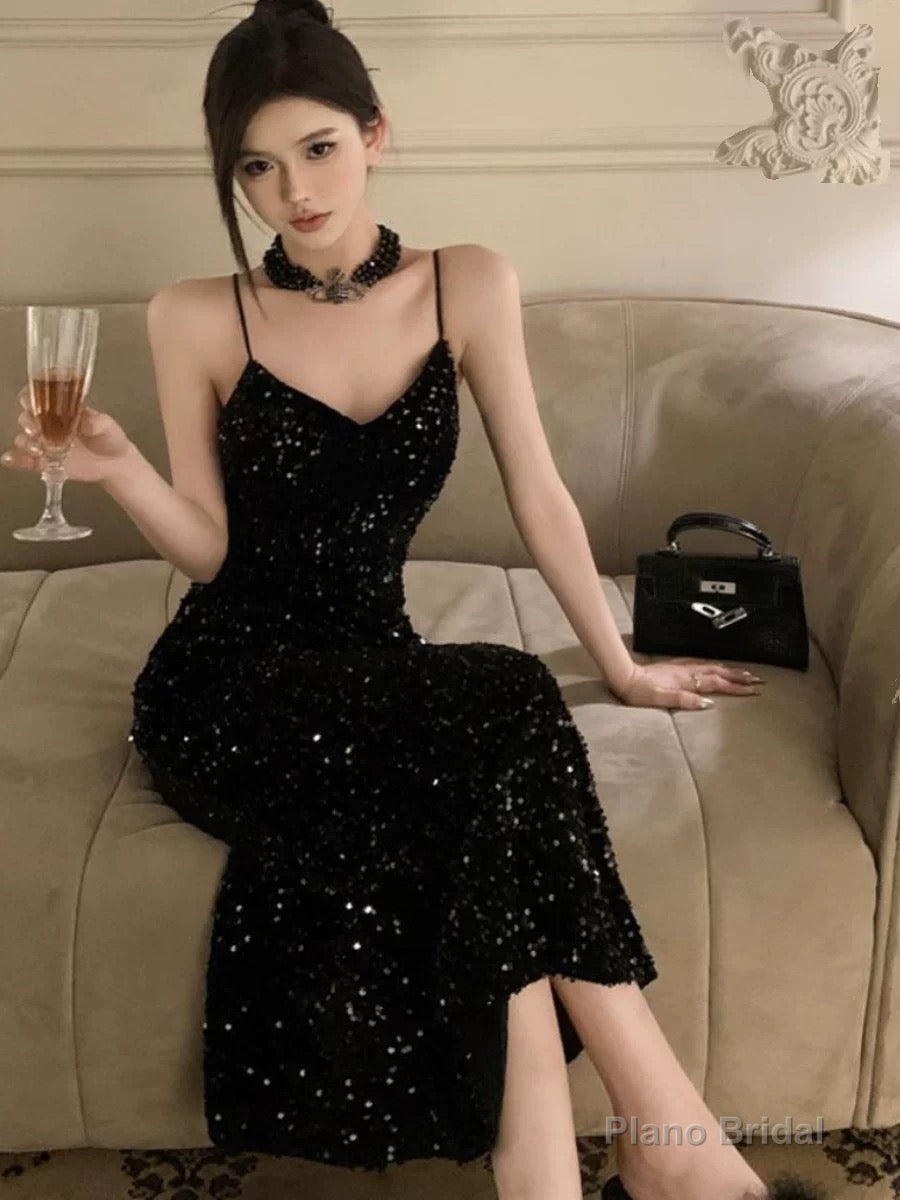 Gorgeous Sheath Spaghetti Straps Black Sequin Evening Dress Prom Dresses Birthday Outfits Main image