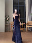 Gorgeous Sheath Spaghetti Straps Navy Blue Sequin Evening Dress Prom Dresses Birthday Outfits