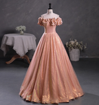 Gorgeous Shimmering Pink-Gold Ruched Sequin Sheer Tulle Long Ball Gown Prom Dresses Sweet 16 Dresses