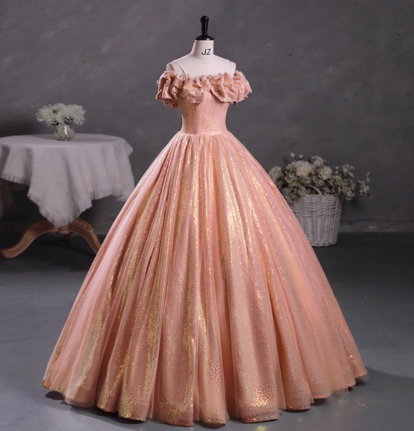Gorgeous Shimmering Pink-Gold Ruched Sequin Sheer Tulle Long Ball Gown Prom Dresses Sweet 16 Dresses