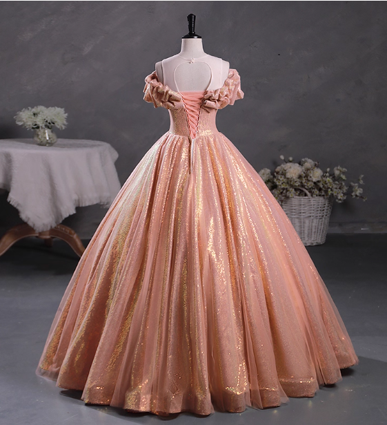 Gorgeous Shimmering Pink-Gold Ruched Sequin Sheer Tulle Long Ball Gown Prom Dresses Sweet 16 Dresses