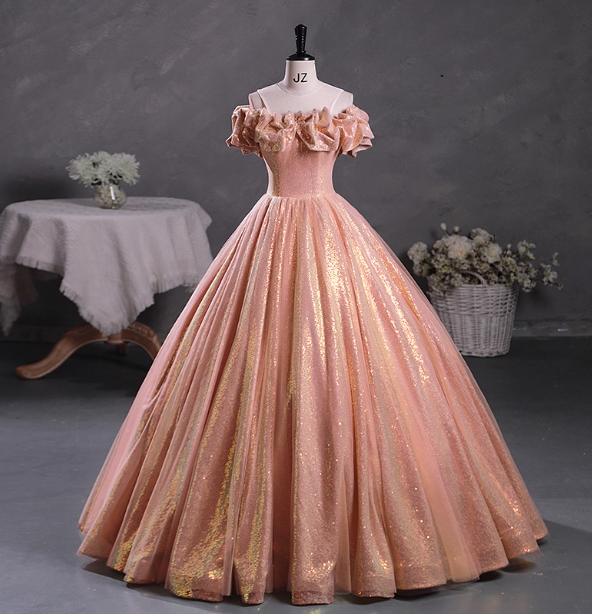 Gorgeous Shimmering Pink-Gold Ruched Sequin Sheer Tulle Long Ball Gown Prom Dresses Sweet 16 Dresses Main image