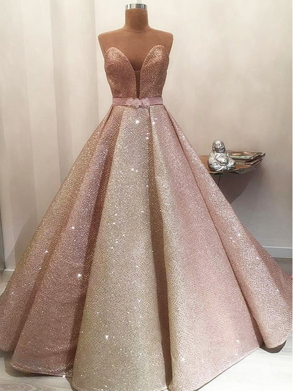 Gorgeous Shiny Rose Gold Satin Strapless Ball Gown Formal Prom Dresses Secondary image