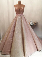 Gorgeous Shiny Rose Gold Satin Strapless Ball Gown Formal Prom Dresses