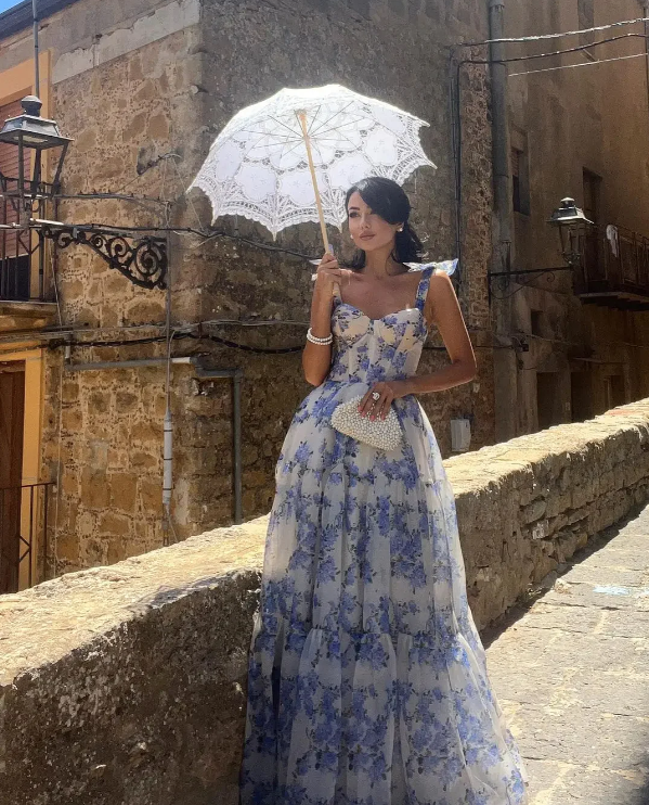 Elegant Floral Print Chiffon Long Formal Prom Dresses Formal Evening Dresses
