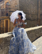 Elegant Floral Print Chiffon Long Formal Prom Dresses Formal Evening Dresses