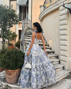 Elegant Floral Print Chiffon Long Formal Prom Dresses Formal Evening Dresses