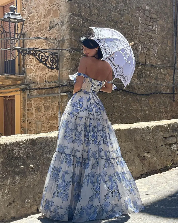 Elegant Floral Print Chiffon Long Formal Prom Dresses Formal Evening Dresses