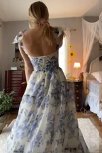 Elegant Floral Print Chiffon Long Formal Prom Dresses Formal Evening Dresses