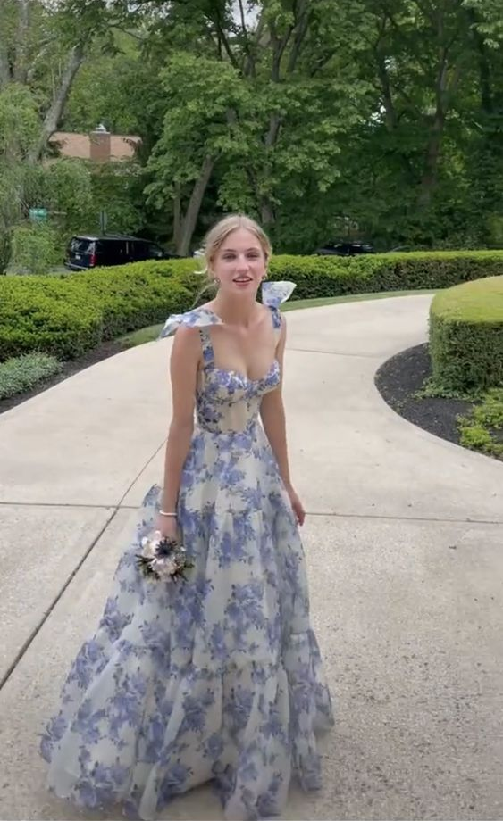 Elegant Floral Print Chiffon Long Formal Prom Dresses Formal Evening Dresses