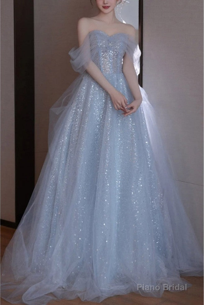 Gorgeous Silver Bling Tulle Off Shoulder Prom Dress Main image