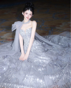 Gorgeous Silver Gray A-Line Strapless Sequined Train Formal Prom Dresses