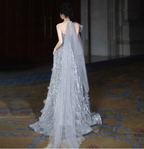 Gorgeous Silver Gray A-Line Strapless Sequined Train Formal Prom Dresses