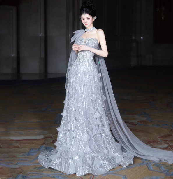 Gorgeous Silver Gray A-Line Strapless Sequined Train Formal Prom Dresses