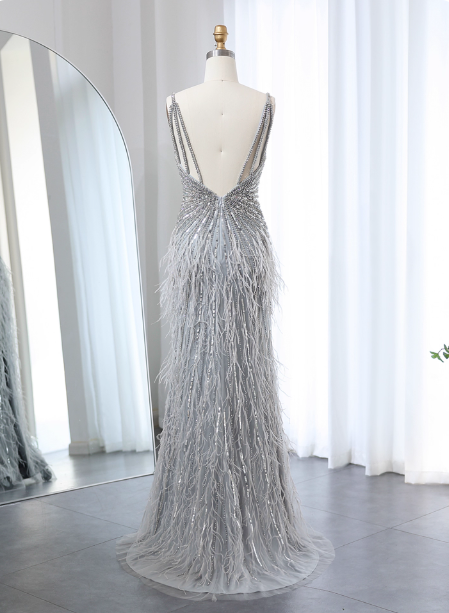 Gorgeous Silver-Grey Spaghetti Strap V-Neck Feather Sequin Slit Long Formal Prom Dresses
