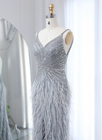 Gorgeous Silver-Grey Spaghetti Strap V-Neck Feather Sequin Slit Long Formal Prom Dresses