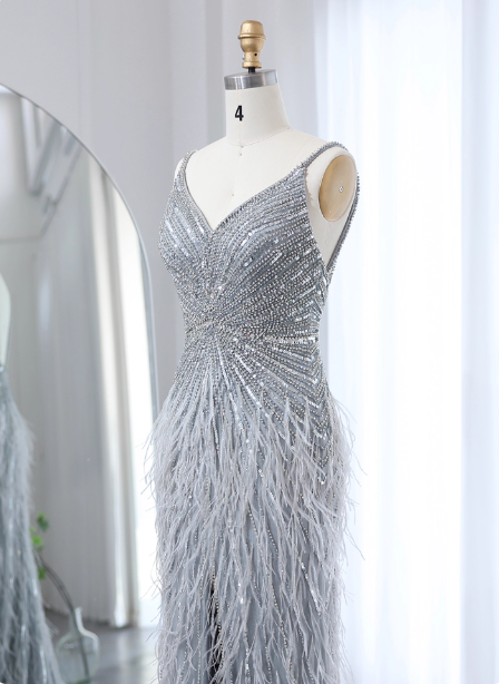 Gorgeous Silver-Grey Spaghetti Strap V-Neck Feather Sequin Slit Long Formal Prom Dresses