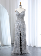 Gorgeous Silver-Grey Spaghetti Strap V-Neck Feather Sequin Slit Long Formal Prom Dresses