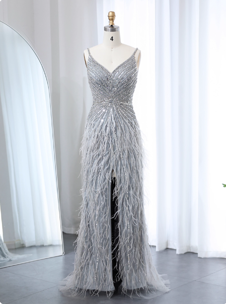 Gorgeous Silver-Grey Spaghetti Strap V-Neck Feather Sequin Slit Long Formal Prom Dresses