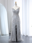 Gorgeous Silver-Grey Spaghetti Strap V-Neck Feather Sequin Slit Long Formal Prom Dresses