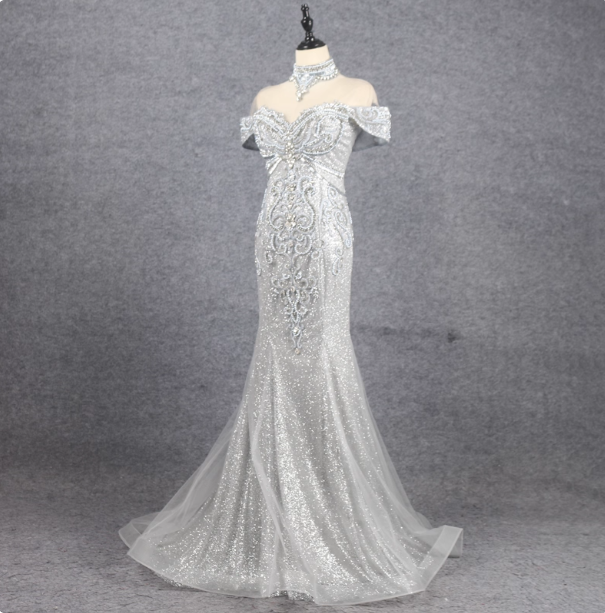 Gorgeous Silver Mermaid Off-The-Shoulder Beaded Sparkly Tulle Train Formal Prom Dresses Secondary image