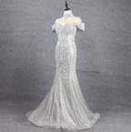 Gorgeous Silver Mermaid Off-The-Shoulder Beaded Sparkly Tulle Train Formal Prom Dresses