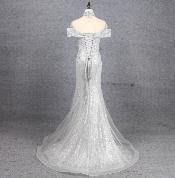 Gorgeous Silver Mermaid Off-The-Shoulder Beaded Sparkly Tulle Train Formal Prom Dresses