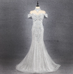 Gorgeous Silver Mermaid Off-The-Shoulder Beaded Sparkly Tulle Train Formal Prom Dresses