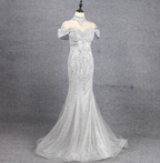 Gorgeous Silver Mermaid Off-The-Shoulder Beaded Sparkly Tulle Train Formal Prom Dresses
