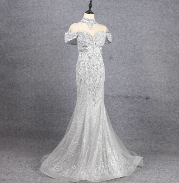 Gorgeous Silver Mermaid Off-The-Shoulder Beaded Sparkly Tulle Train Formal Prom Dresses