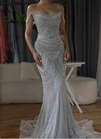 Gorgeous Silver Mermaid Off-The-Shoulder Pearl Chain Beaded Tulle Train Formal Prom Dresses