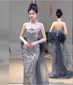 Gorgeous Silver Mermaid Strapless Bow Sequined Train Formal Prom Dresses