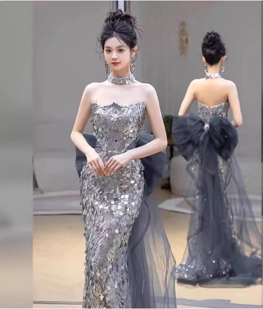 Gorgeous Silver Mermaid Strapless Bow Sequined Train Formal Prom Dresses