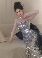 Gorgeous Silver Mermaid Strapless Bow Sequined Train Formal Prom Dresses