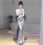 Gorgeous Silver Mermaid Strapless Bow Sequined Train Formal Prom Dresses