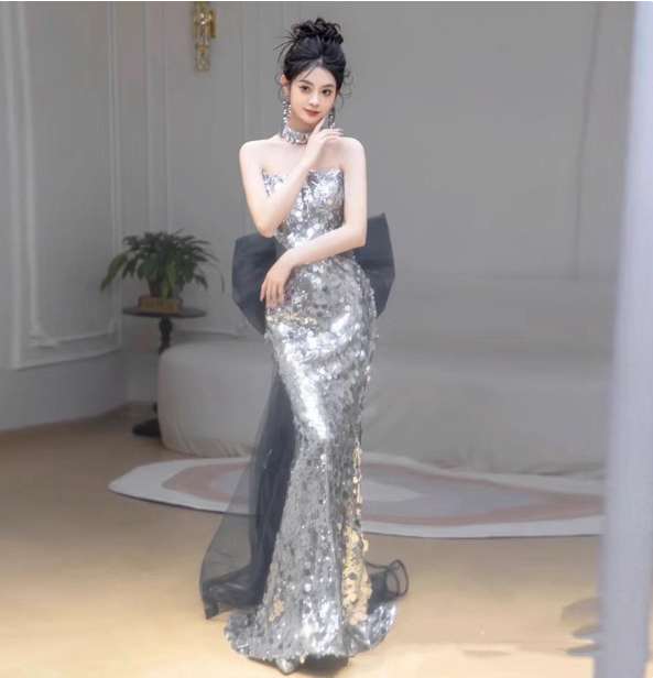 Gorgeous Silver Mermaid Strapless Bow Sequined Train Formal Prom Dresses