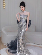 Gorgeous Silver Mermaid Strapless Bow Sequined Train Formal Prom Dresses
