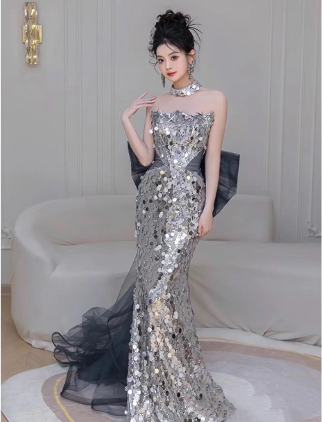 Gorgeous Silver Mermaid Strapless Bow Sequined Train Formal Prom Dresses