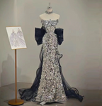 Gorgeous Silver Mermaid Strapless Bow Sequined Train Formal Prom Dresses