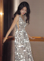 Gorgeous Silver V-Neck Tassel Sequin Long Formal Prom Dresses