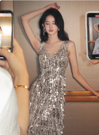 Gorgeous Silver V-Neck Tassel Sequin Long Formal Prom Dresses