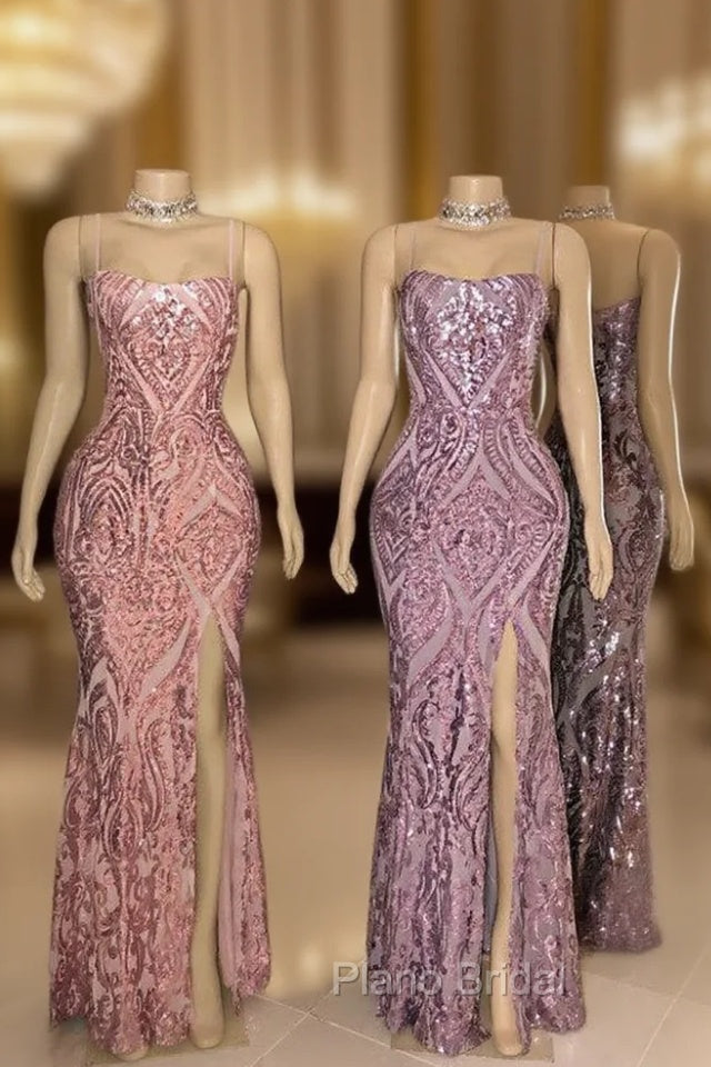 Gorgeous Spaghetti Straps Front Slit Sequins Mermaid Formal Prom Dresses