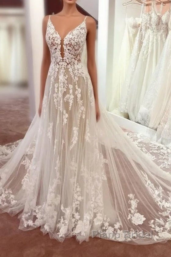 Gorgeous Spaghetti-Straps Lace Wedding Dress Tulle Sleeveless Bridal Gowns Main image