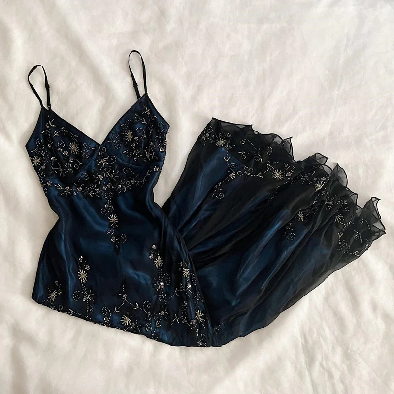 Gorgeous Mermaid Spaghetti Straps Beaded Navy Blue Satin Long Formal Prom Dresses Secondary image